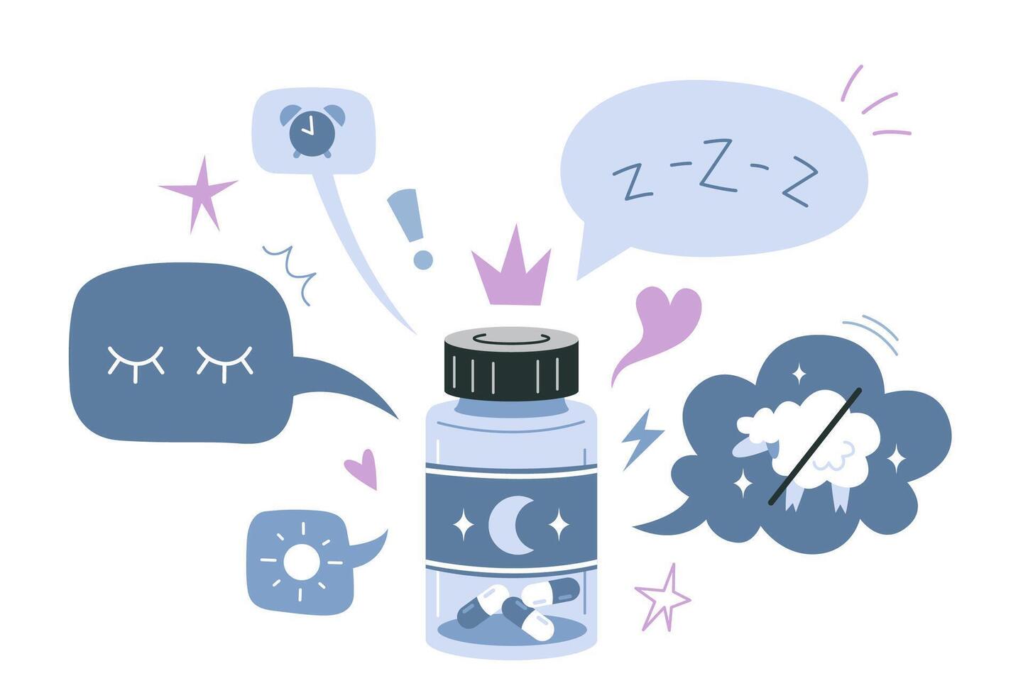 Melatonin, Schlafen Tabletten Vorteile, Krug von Tablets und Rede Blase. gesund schlafen, Behandlung von Schlaflosigkeit, Wiederherstellung von circadian Rhythmen, sich ausruhen und Erholung. isoliert Karikatur Illustration vektor