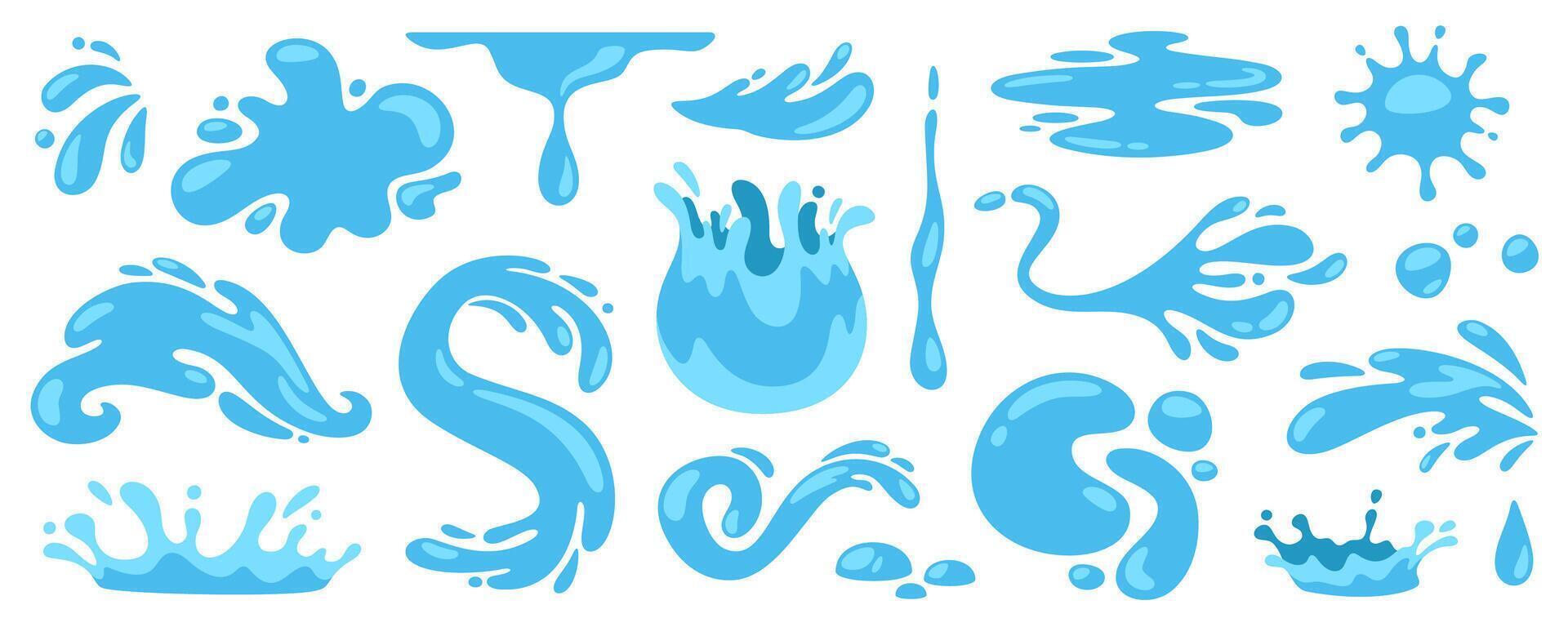 tecknad serie blå vatten. faller droppar, tårar och stänk. flytande pölar, flytande plopp, aqua splat, annorlunda vatten former isolerat på vit bakgrund. samling vektor