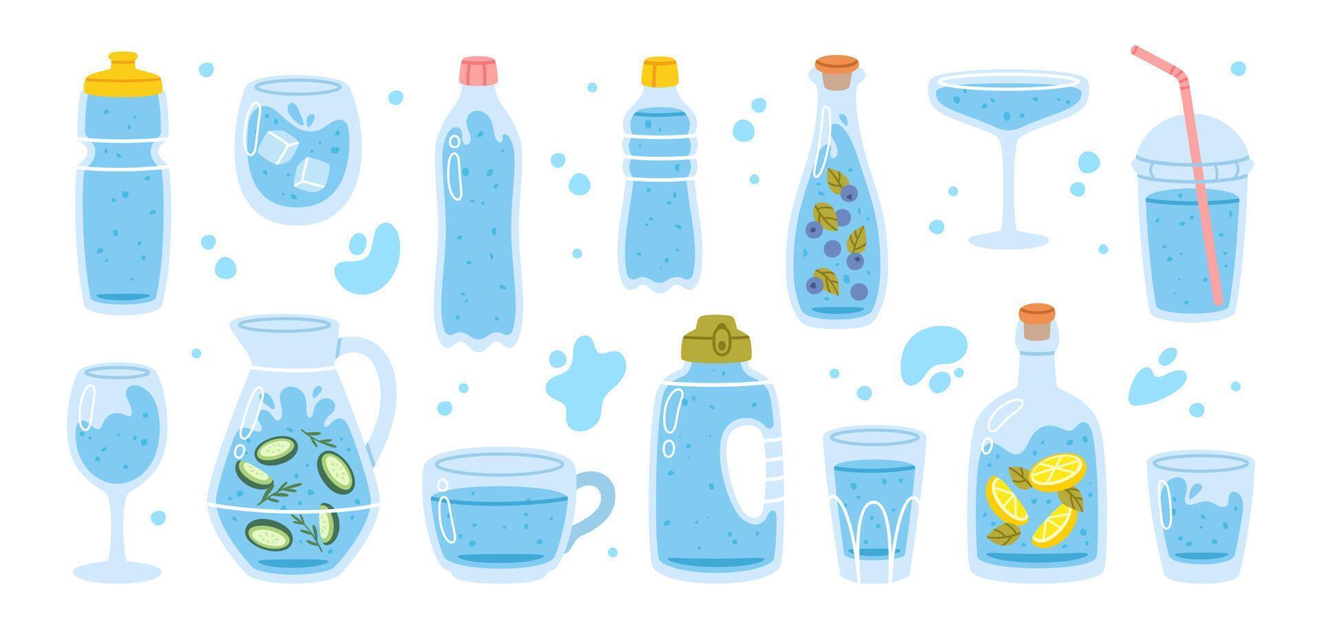 tecknad serie vatten flaskor. platt dryck maträtter. glas flaska, kanna, sport flaska, eco glasögon, mugg, burk, kopp för dricka vatten. noll avfall, eco produkt. dryck vatten. uppsättning vektor