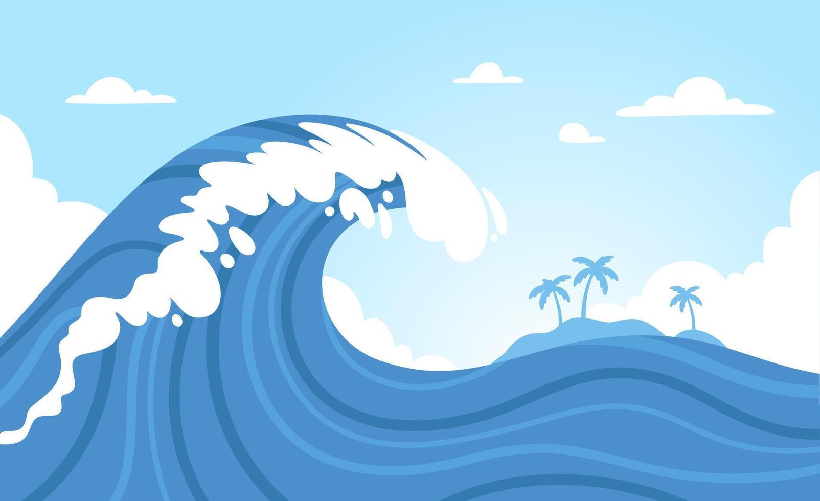 hav Vinka bakgrund. abstrakt storm hav vågor nära ö. tropisk surfa, oceanisk vatten och himmel på affisch. dekorativ resor flygblad. surfare strand med handflatan träd. illustration vektor