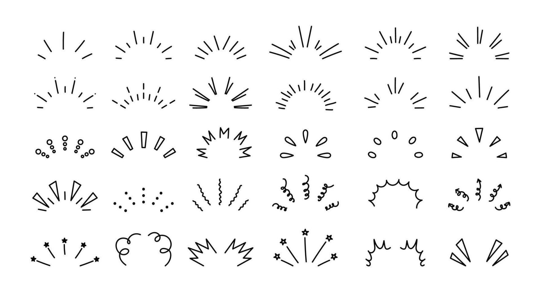 Sunburst Gekritzel. Linie scheinen Strahlen und funkelt. leuchtenden funkelt Strahl Linien, Konfetti Elemente. Hand gezeichnet dekorativ Überraschung rahmen. Comic Anime Zeichen. einstellen vektor