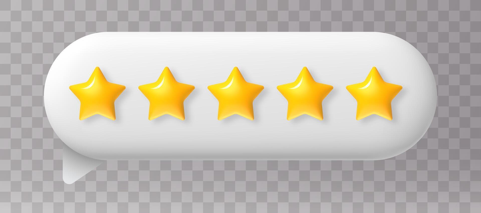 fem stjärna betyg. 3d Tal bubbla med 5 gyllene stjärnor positiv respons. kund recension. service tillfredsställelse och kvalitet, excellent Betygsätta realistisk begrepp vektor