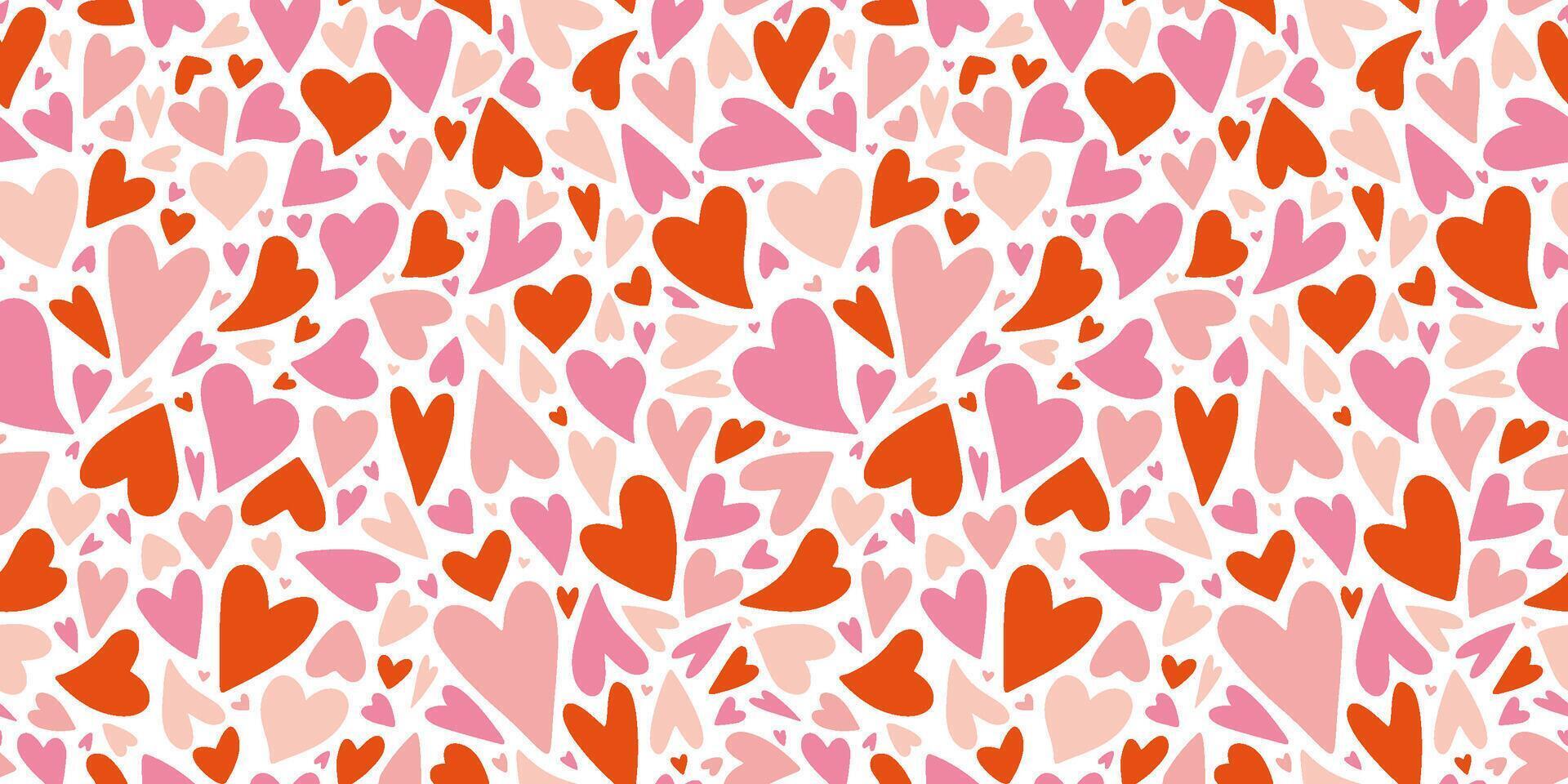 nahtlos Muster mit klein Rosa und rot Herzen auf ein Weiß Hintergrund, Liebe, Valentinsgrüße Tag Konzept, Karikatur Stil. modisch modern Illustration, Hand gezeichnet, eben Design vektor