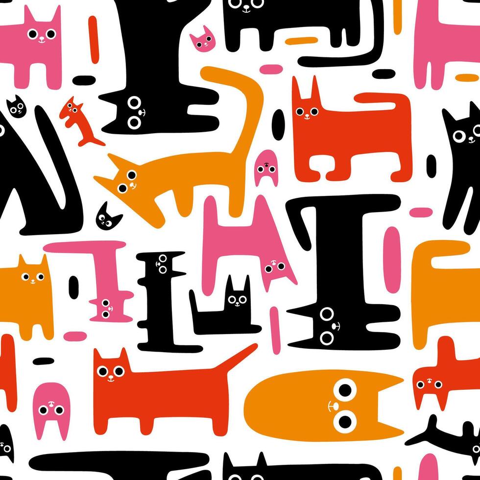 nahtlos Muster mit süß komisch Katzen, bunt und schwarz Kätzchen, Karikatur Stil. modisch modern Illustration auf Weiß Hintergrund, Hand gezeichnet, eben Design vektor