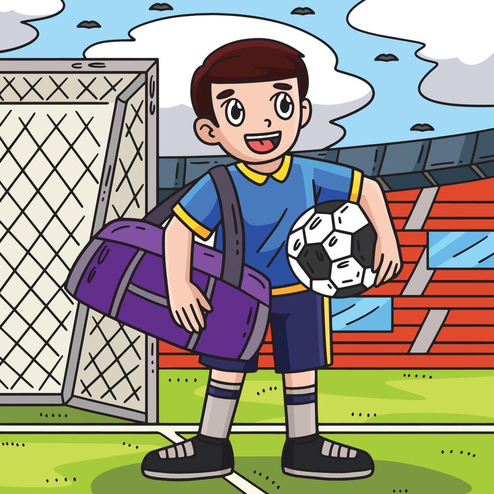 fotboll pojke med sporter väska färgad tecknad serie vektor