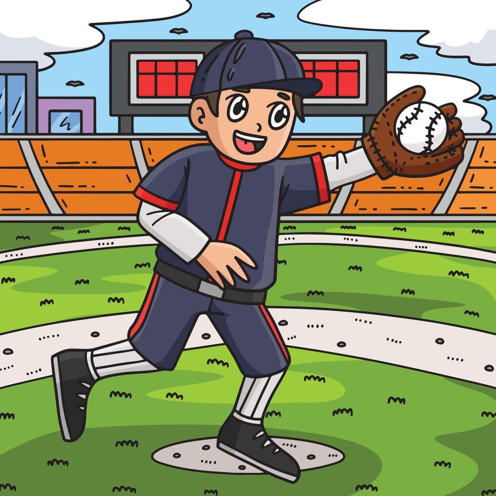 Junge Pitching Baseball farbig Karikatur Illustration vektor