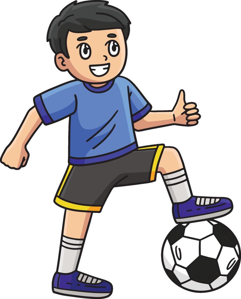 Junge mit ein Fuß auf ein Fußball Ball Karikatur Clip Art vektor