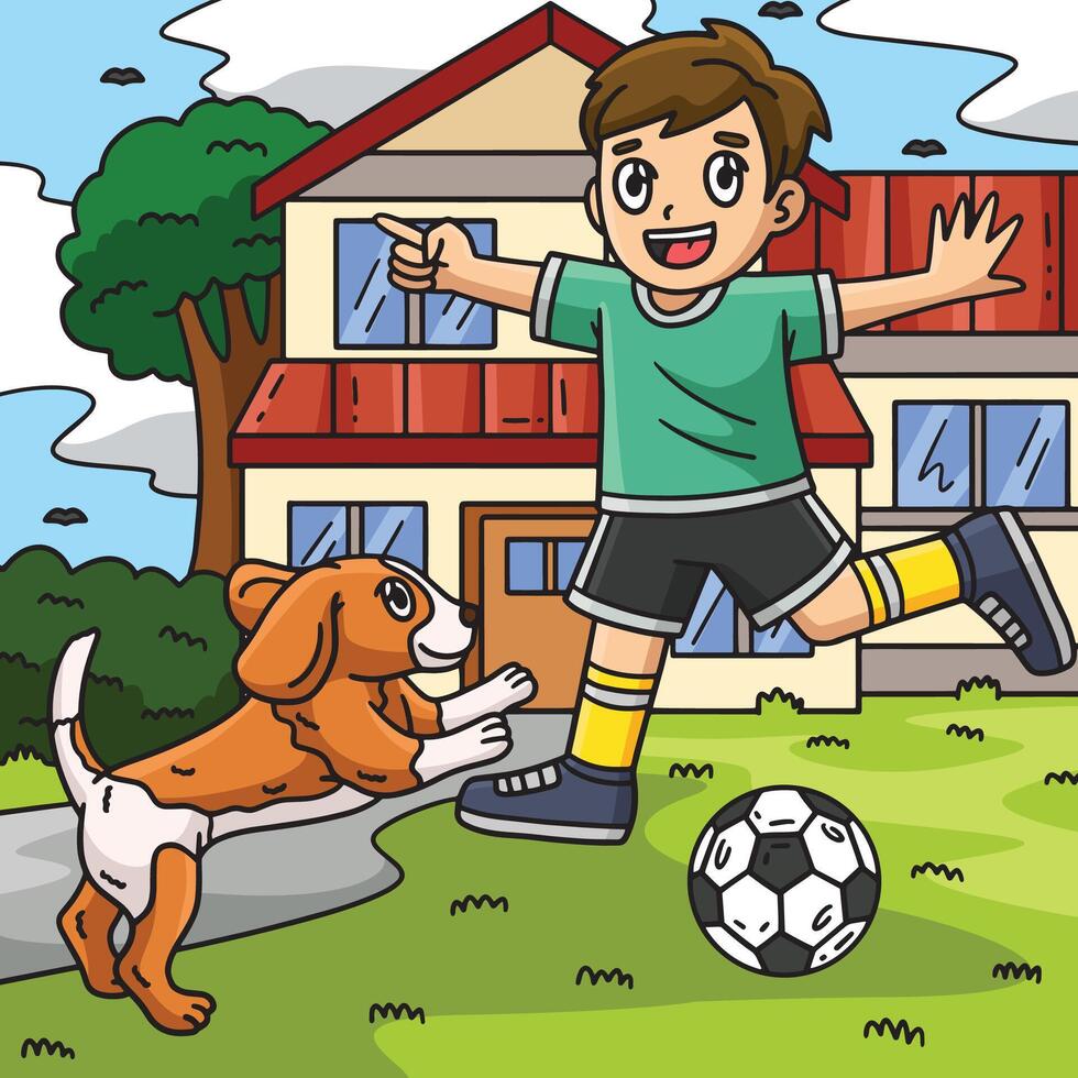 Junge und ein Hund spielen Fußball farbig Karikatur vektor