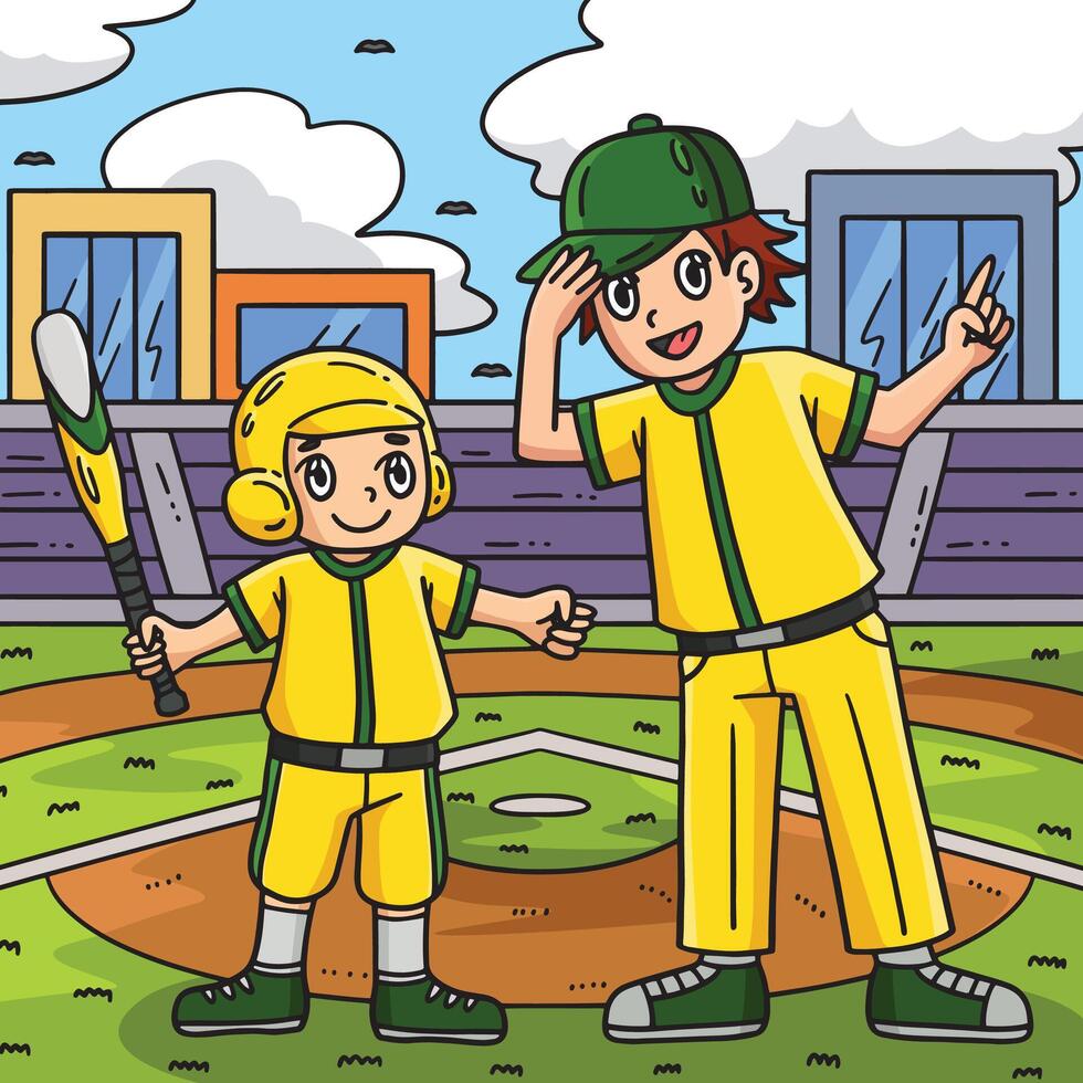baseboll pojke och tränare färgad tecknad serie vektor