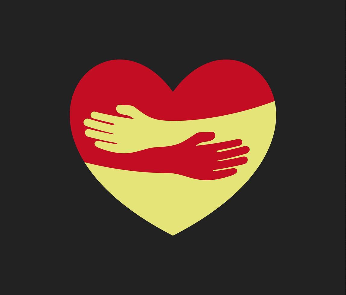 mänskliga kramar i hjärtform, kramar händer stöd och kärlek symbol kramade armar omkrets silhuett enhet och värme känsla, platt vektorillustration, logotyp mall. vektor