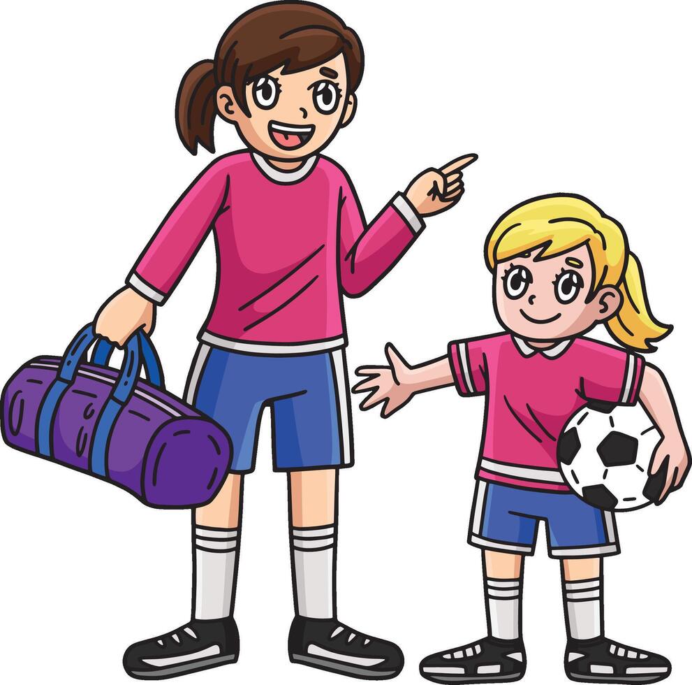 Mädchen und ein Senior Fußball Spieler Karikatur Clip Art vektor