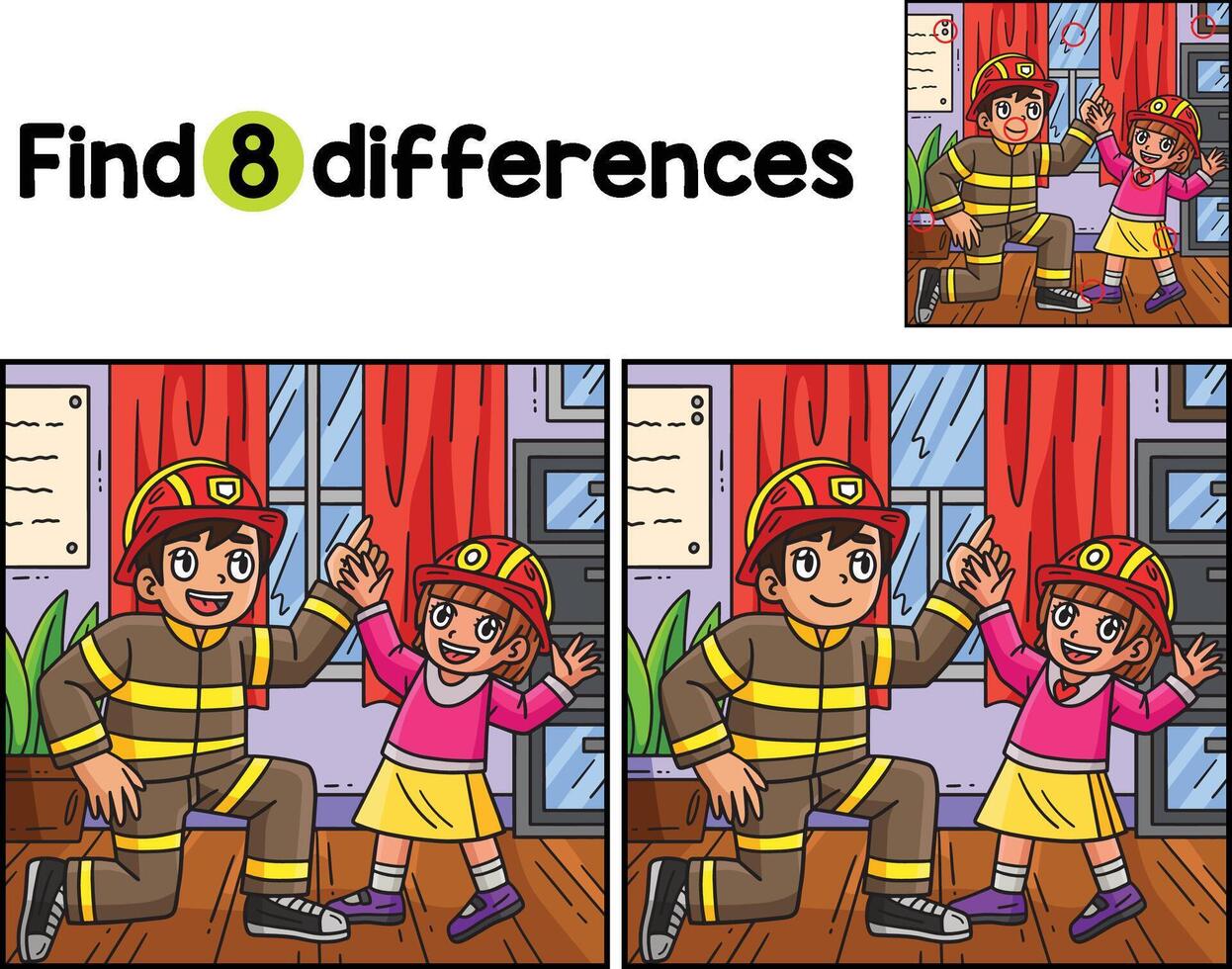 Feuerwehrmann und Kind finden das Unterschiede vektor
