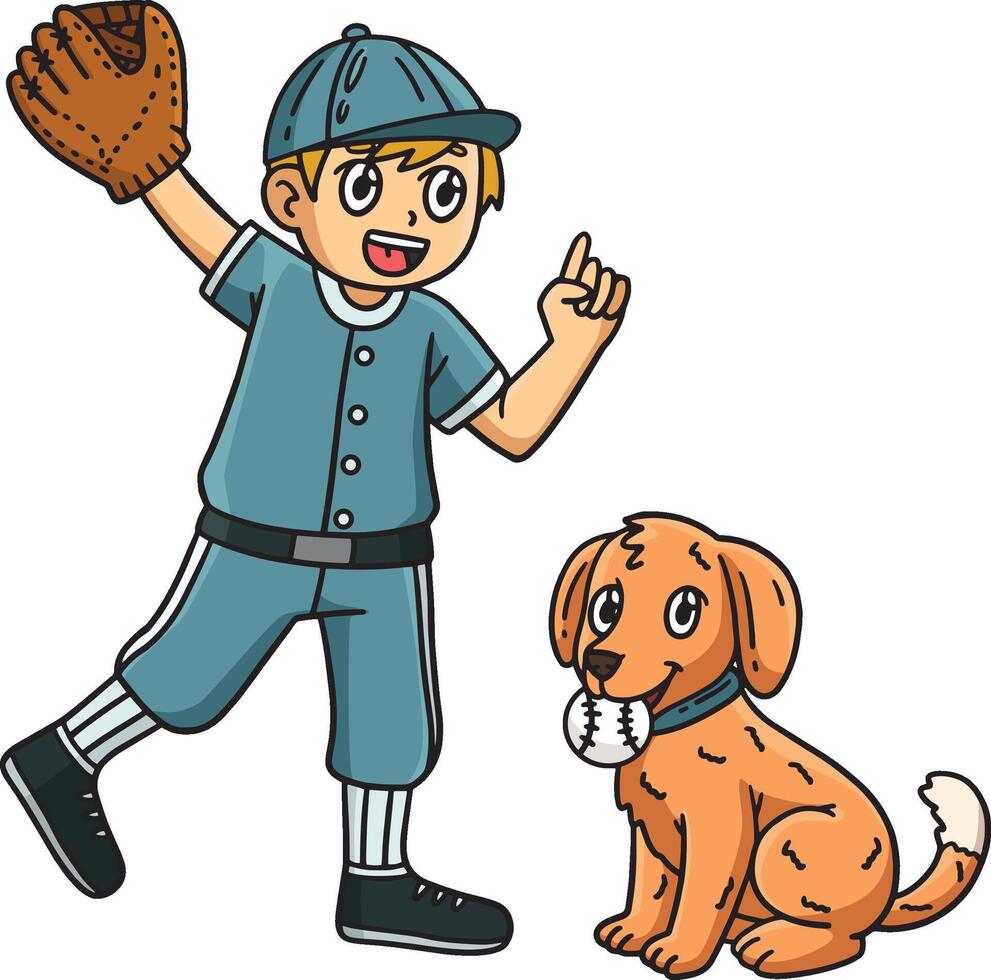 pojke och hund bitande baseboll tecknad serie ClipArt vektor