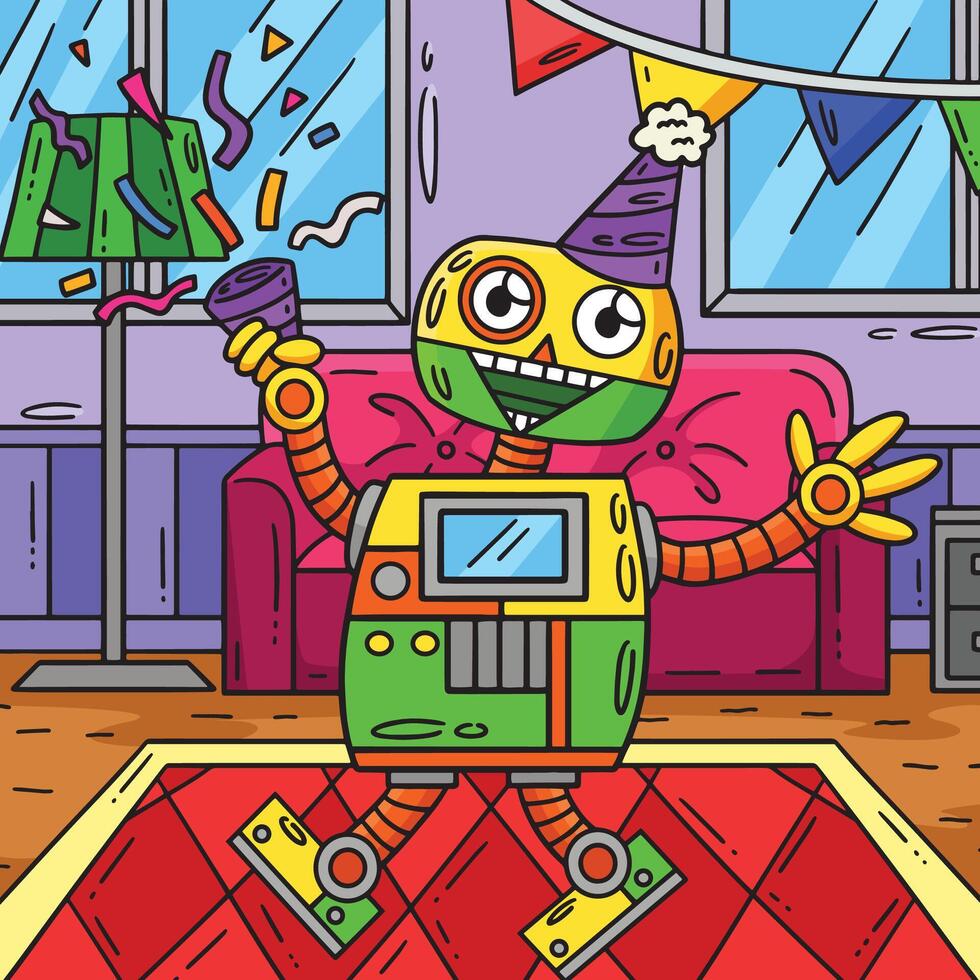 Roboter mit ein Party Hut und confett farbig Karikatur vektor