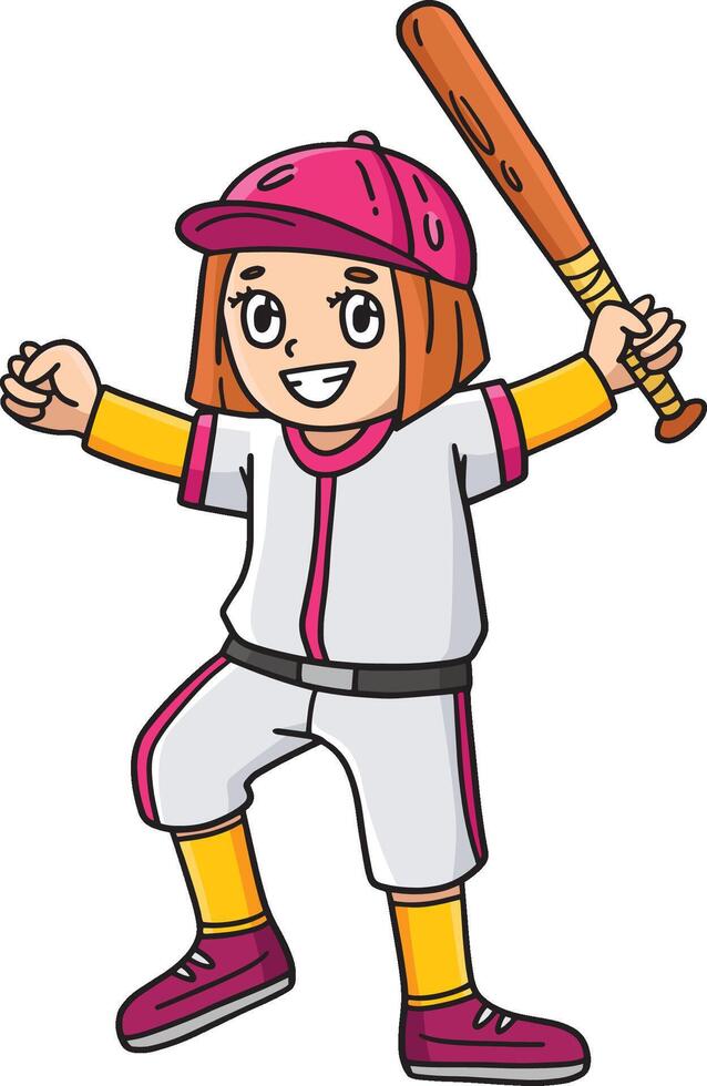 flicka spelar baseball tecknad färgade clipart vektor