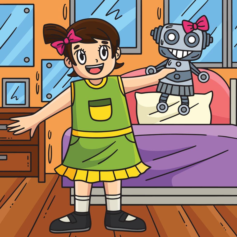 Mädchen mit Roboter Spielzeug farbig Karikatur Illustration vektor