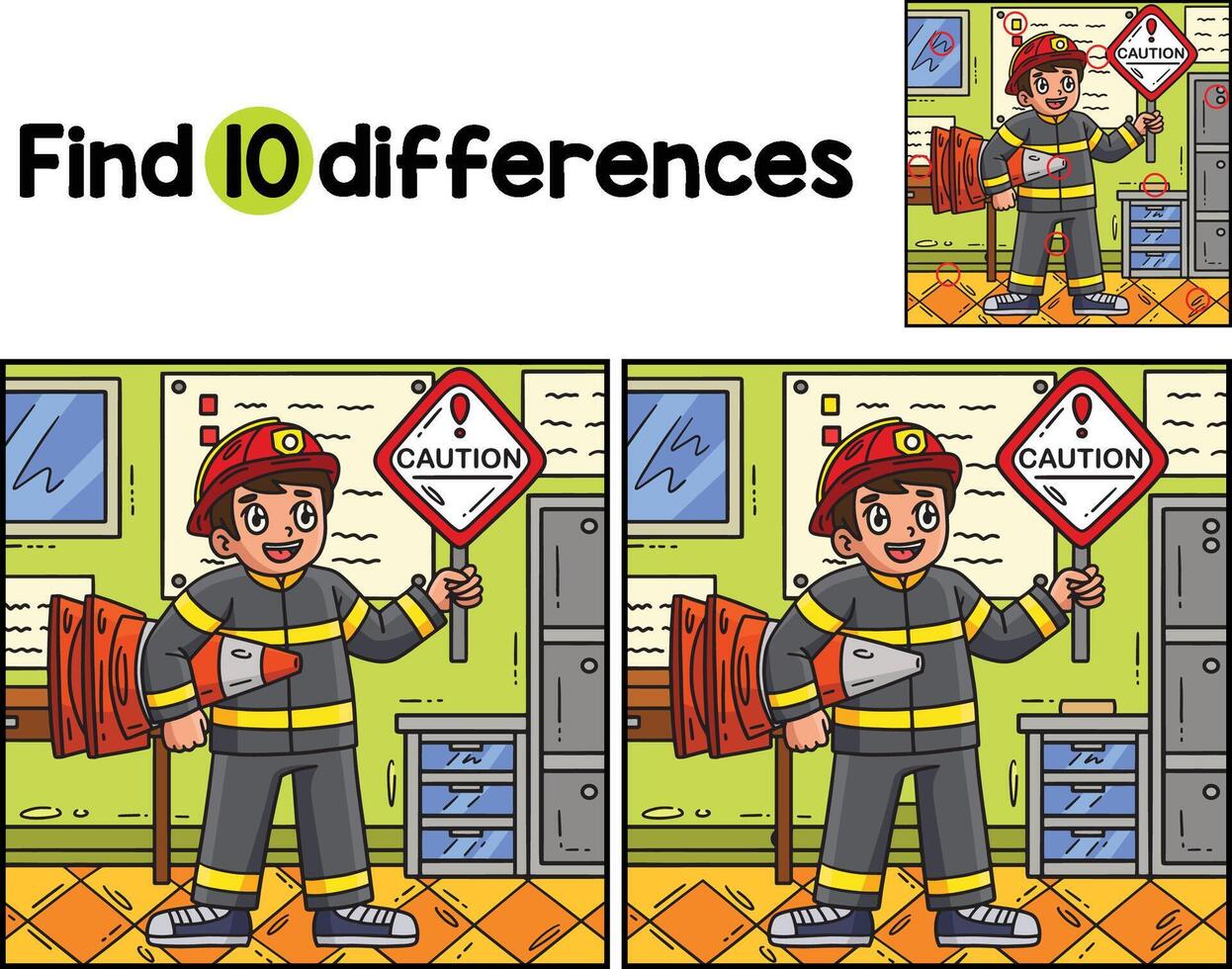 brandman med säkerhet tecken hitta de skillnader vektor