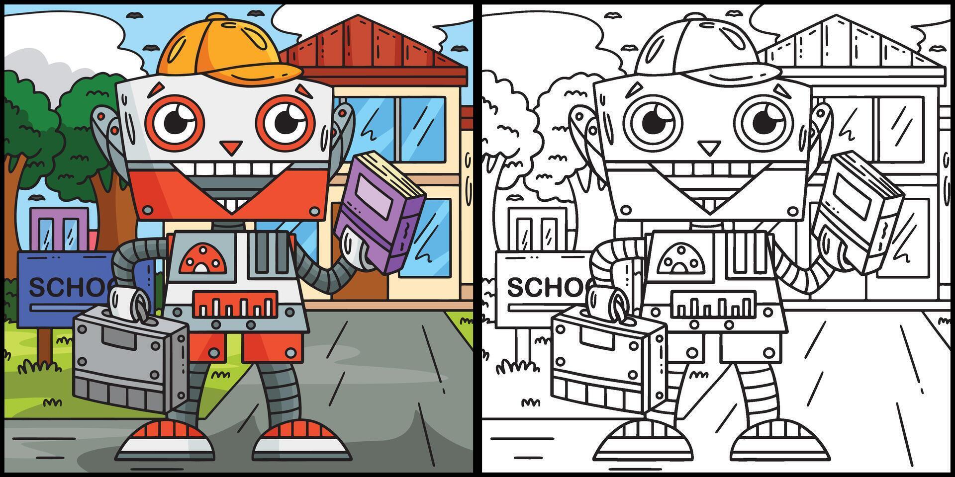 Roboter gehen zu Schule Färbung Seite Illustration vektor