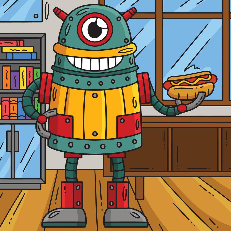 einer Augen Roboter mit Hotdog farbig Karikatur vektor
