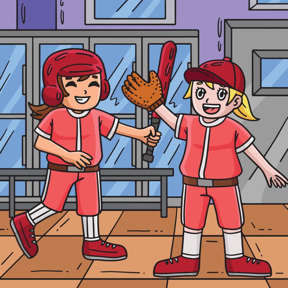 Baseball Mädchen Teamkollege farbig Karikatur vektor