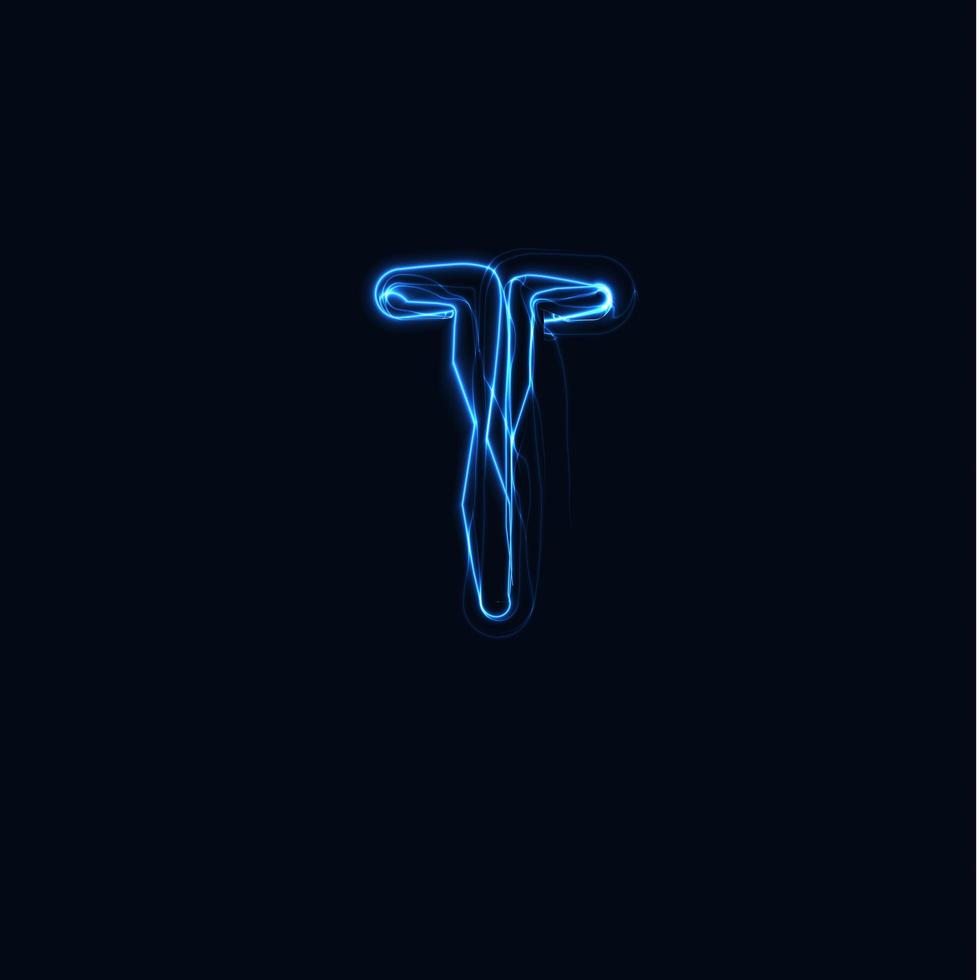 blixtrealistisk bokstav t, ljusa handskarlogotyp, symbol för elektrisk energiglöd, blå tesla-plasmatypskylt. thunderbolt vektor illustration, typografi design