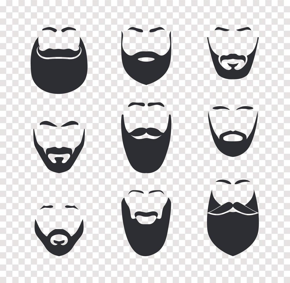 olika mustasch- och skäggklippningar, manligt ansiktshår, ansiktsmasker. Barbershop vektor isolerade objekt på transparent bakgrund.