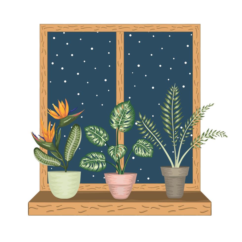 fönster med tropiska krukväxter i krukor. utsikt över snöigt väder. akvarell stil. vektor