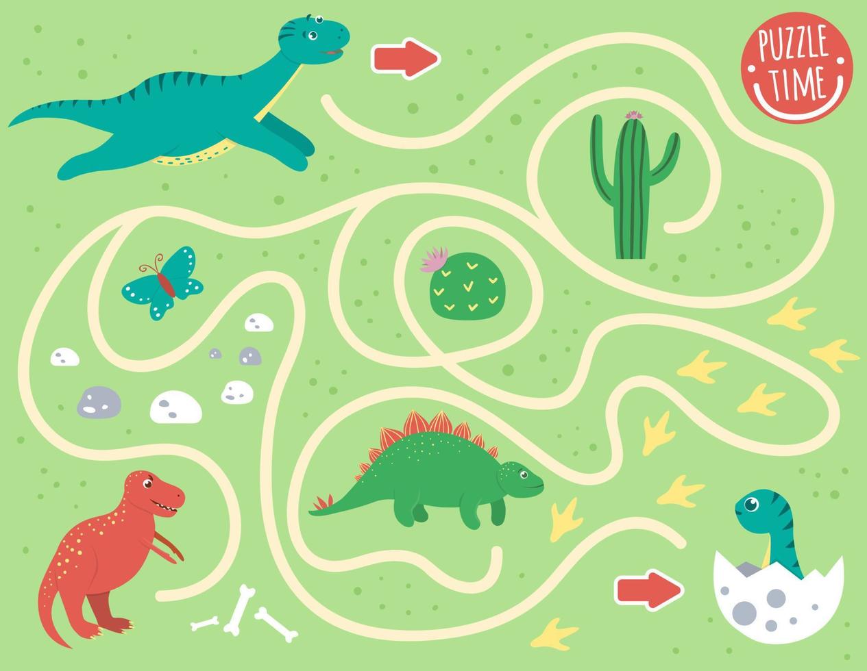 Labyrinth für Kinder. Vorschulaktivität mit Dinosaurier. Puzzlespiel mit Diplodocus, T-Rex, Baby-Dino. süße lustige lächelnde charaktere. vektor