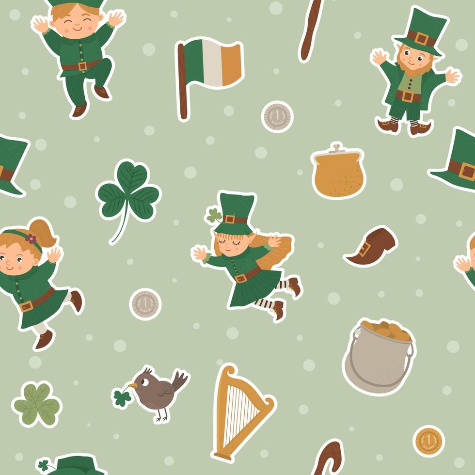 Vektor nahtlose Muster mit St. Patrick Day Aufkleber. nationaler irischer sich wiederholender hintergrund. süße lustige flache Textur mit Feiertagssymbolen.