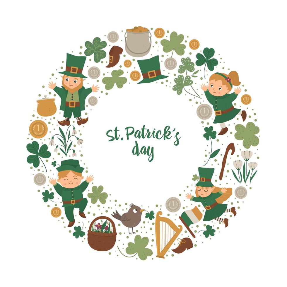 Vektor St. Patrick Day runder Rahmen mit Kobold, Kleeblatt isoliert auf weißem Hintergrund. Irish Holiday themenorientiertes Banner oder Einladung im Kreis gerahmt. süße lustige Frühlingskartenvorlage.