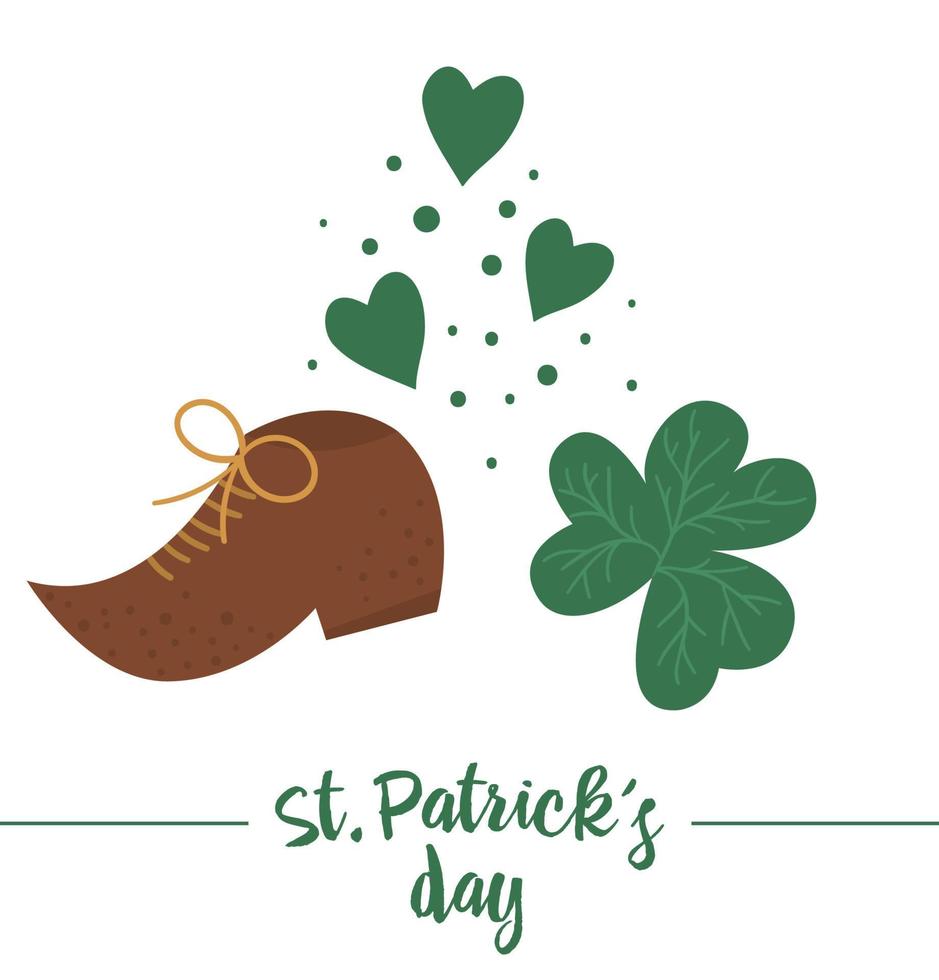 Vektor flacher lustiger brauner Koboldschuh mit Kleeblattblättern und grünen Herzen. süße st. Patrick Day-Abbildung. nationaler irischer Feiertagsikone lokalisiert auf weißem Hintergrund.