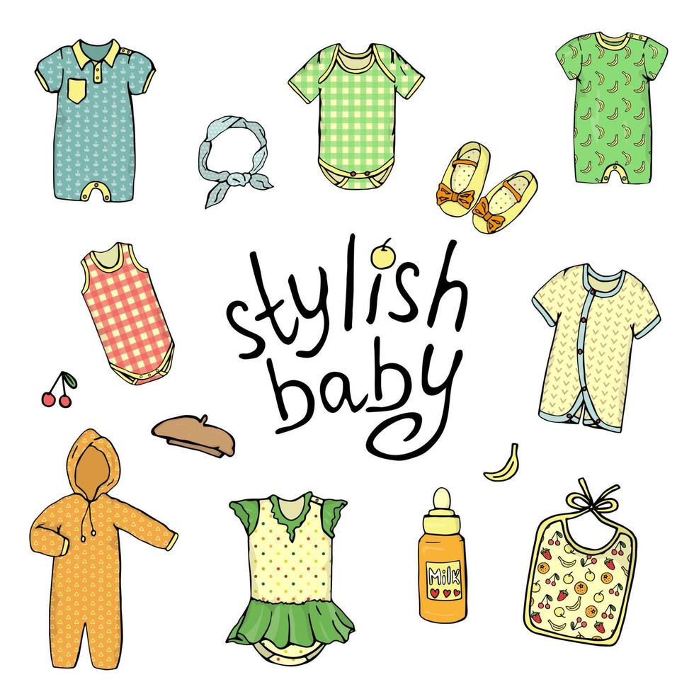Vektor-Illustration von Babykleidung. trendige Babykleidung. Kindermodekollektion. stilvolle Kleidung und Accessoires für Kinder isoliert auf weißem Hintergrund vektor