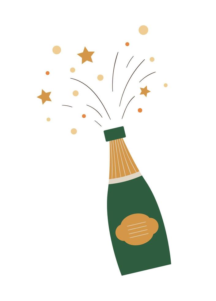 Vektor öffnete Champagner mit Bursts und Spritzern auf weißem Hintergrund. süße lustige Illustration des Symbols des neuen Jahres. Weihnachtsflachbild des traditionellen kohlensäurehaltigen Getränks für Dekorationen