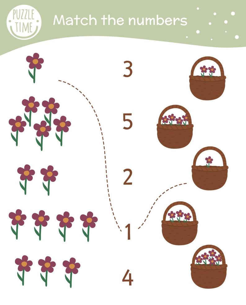 matchande spel med blommor och korgar. saint patrick day matteaktivitet för förskolebarn. arbetsblad för vårräkning. pedagogisk gåta med söta roliga element. vektor