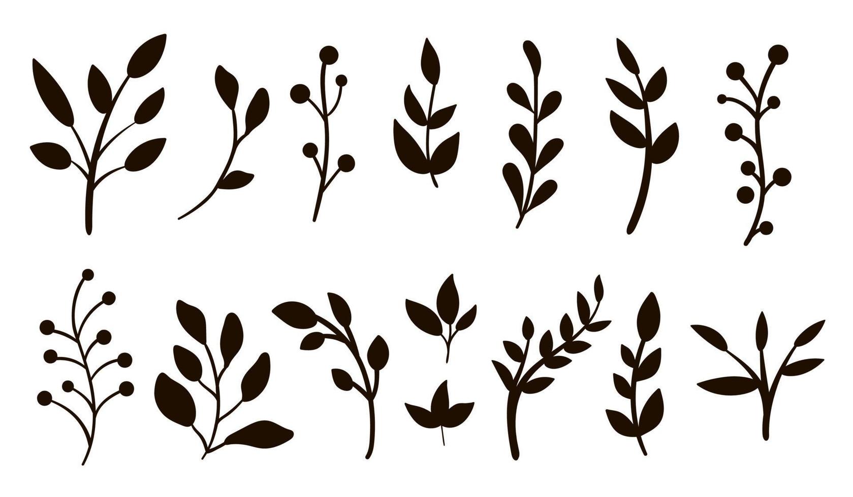 vektor grönska silhuetter ClipArt set. platt trendig illustration med löv, grenar, bär. äng, skog, skog, trädgård svarta element isolerad på vit bakgrund.