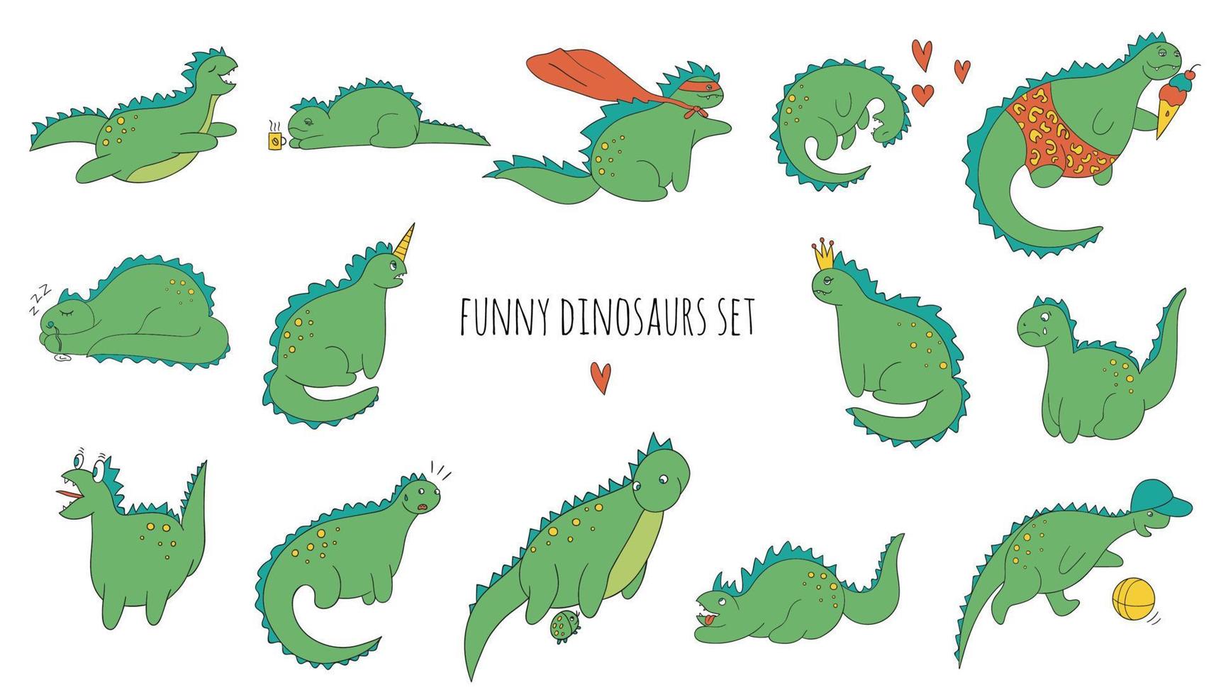 Vektorset von lustigen farbigen Dinosauriern in verschiedenen Posen. Comic-Dino-Konzept im Cartoon-Stil. Doodle-Zeichnung von sarkastischen Reptilien vektor