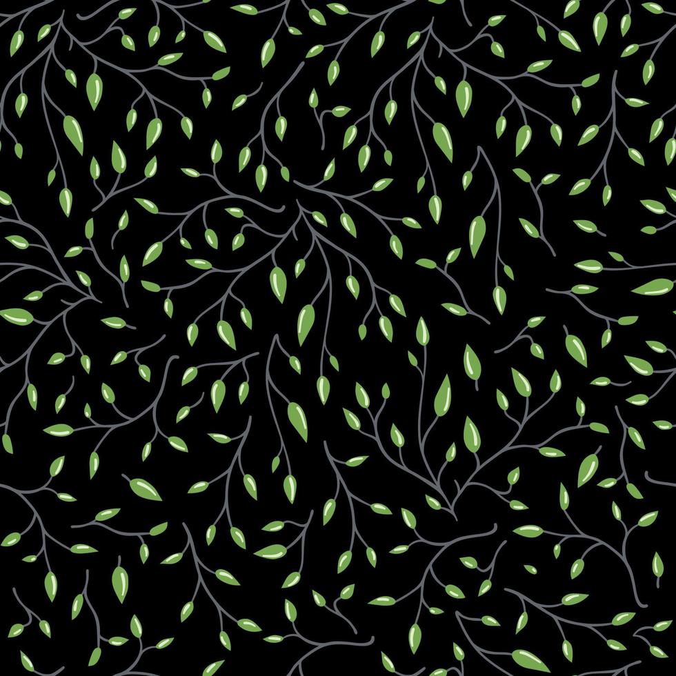 vektor seamless mönster med träd bruncher och löv på svart bakgrund. naturlig söt bakgrund för webb eller textil.