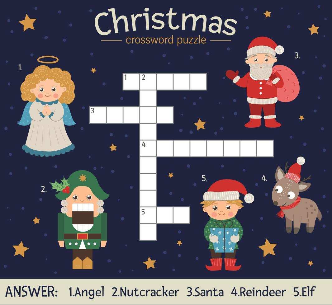 Vektor Weihnachten Kreuzworträtsel. helles und farbenfrohes Winterquiz für Kinder. pädagogische Neujahrsaktivität mit Weihnachtsmann, Engel, Nussknacker, Elf, Hirsch.