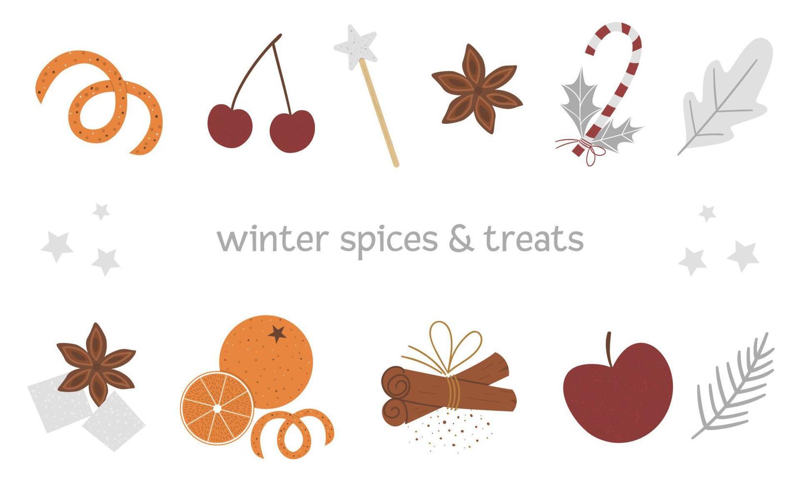 vektor uppsättning traditionella vinter kryddor och frukt. semester säsongsbetonade julgodis isolerad på vit bakgrund. mysiga värmande matingredienser för festliga drycker