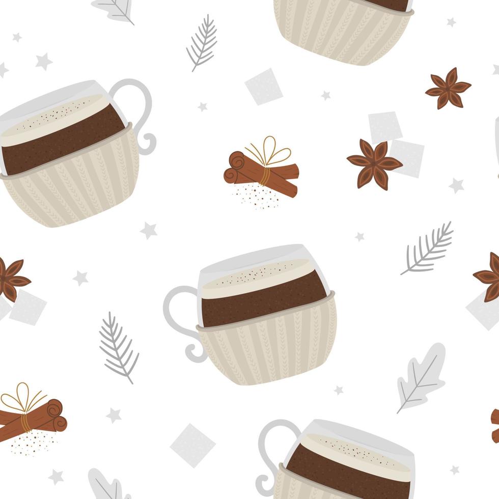 vektor kaffe i mugg med stickad mugghållare seamless mönster. vinter traditionell uppvärmning drink upprepande bakgrund. semester varm dryck med socker, anis, kanel