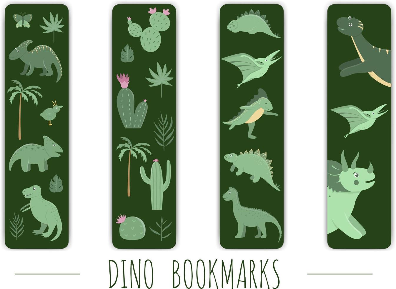 vektor uppsättning söta bokmärken med gröna dinosaurier. söta vertikala brevpapper mallar för barn. rolig förhistoriska reptiler illustration för barn