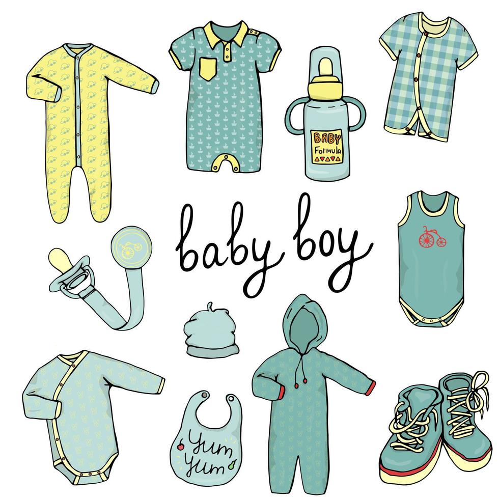 vektor illustration av babykläder. baby boy kläder set. barnmodekollektion. snygga kläder och accessoarer för barn isolerad på vit bakgrund