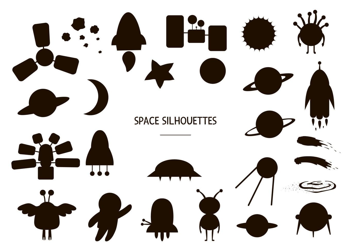 Vektor-Set von Weltraum-Silhouetten. Schwarz-Weiß-Darstellung von UFO, Planeten, Rakete und anderen kosmischen Objekten. lustige süße Schablonen zum Thema Astronomie. vektor