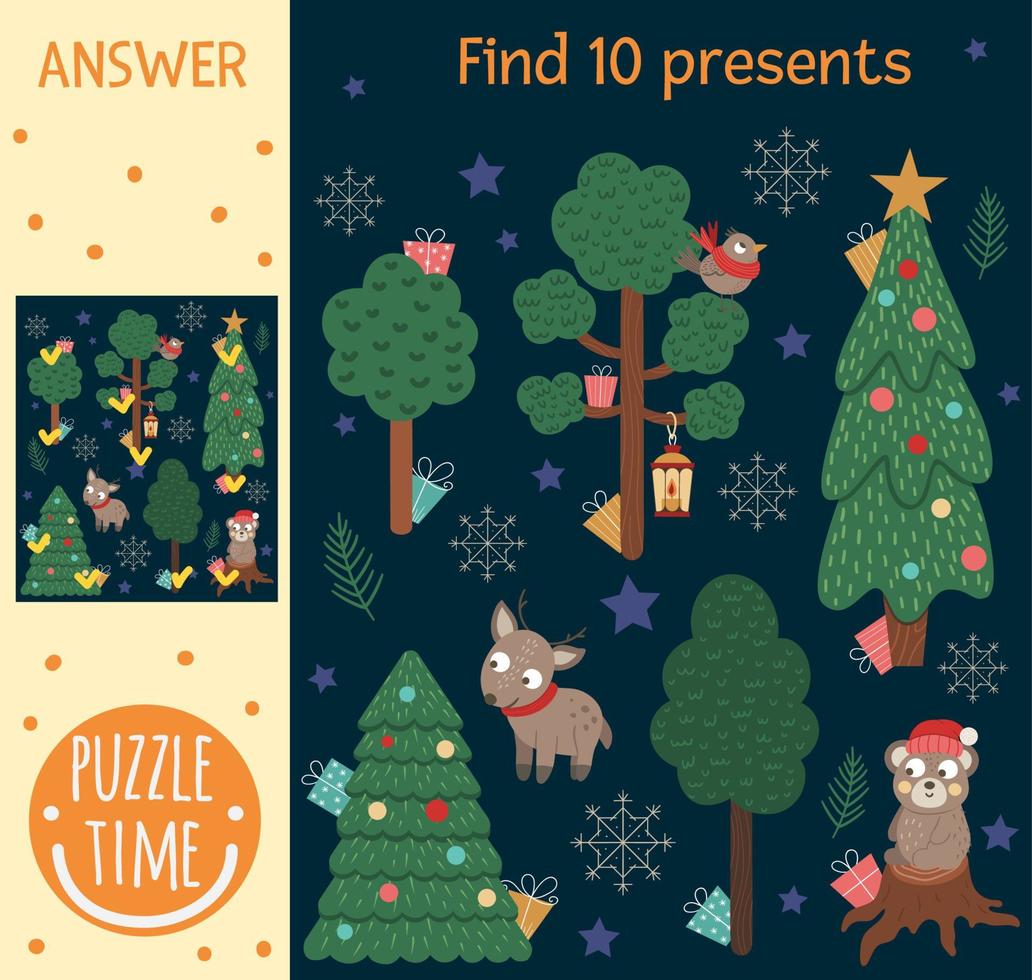 julsökningsspel för barn med vinterskog, träd, djur. söta roliga leende karaktärer. hitta gömda presenter. vektor