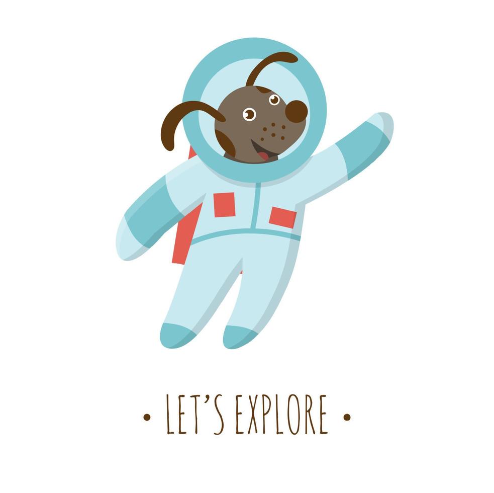 Vektor-Astronautenhundeillustration für Kinder. helles und süßes flaches Bild des lächelnden Tierkosmonauten isoliert auf weißem Hintergrund. Weltraumforschungskonzept. vektor