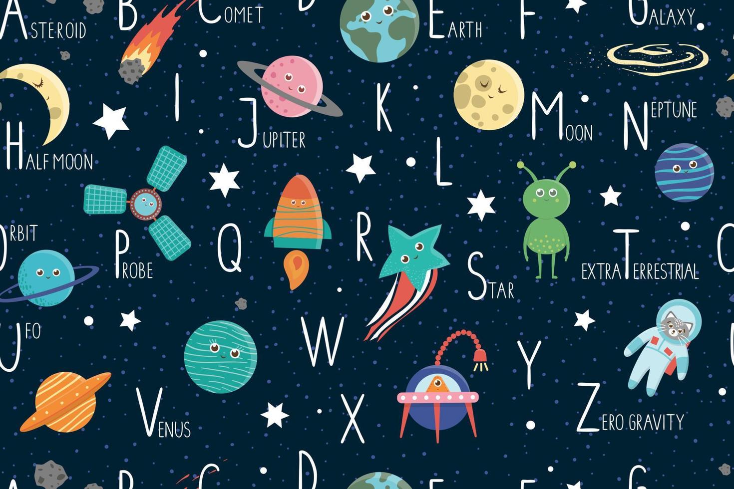 nahtloses Muster des Weltraumalphabets für Kinder. süßes flaches englisches ABC, das sich mit Galaxie, Sternen, Astronaut, Alien, Planet, Raumschiff, Sonde, Komet, Asteroid wiederholt vektor
