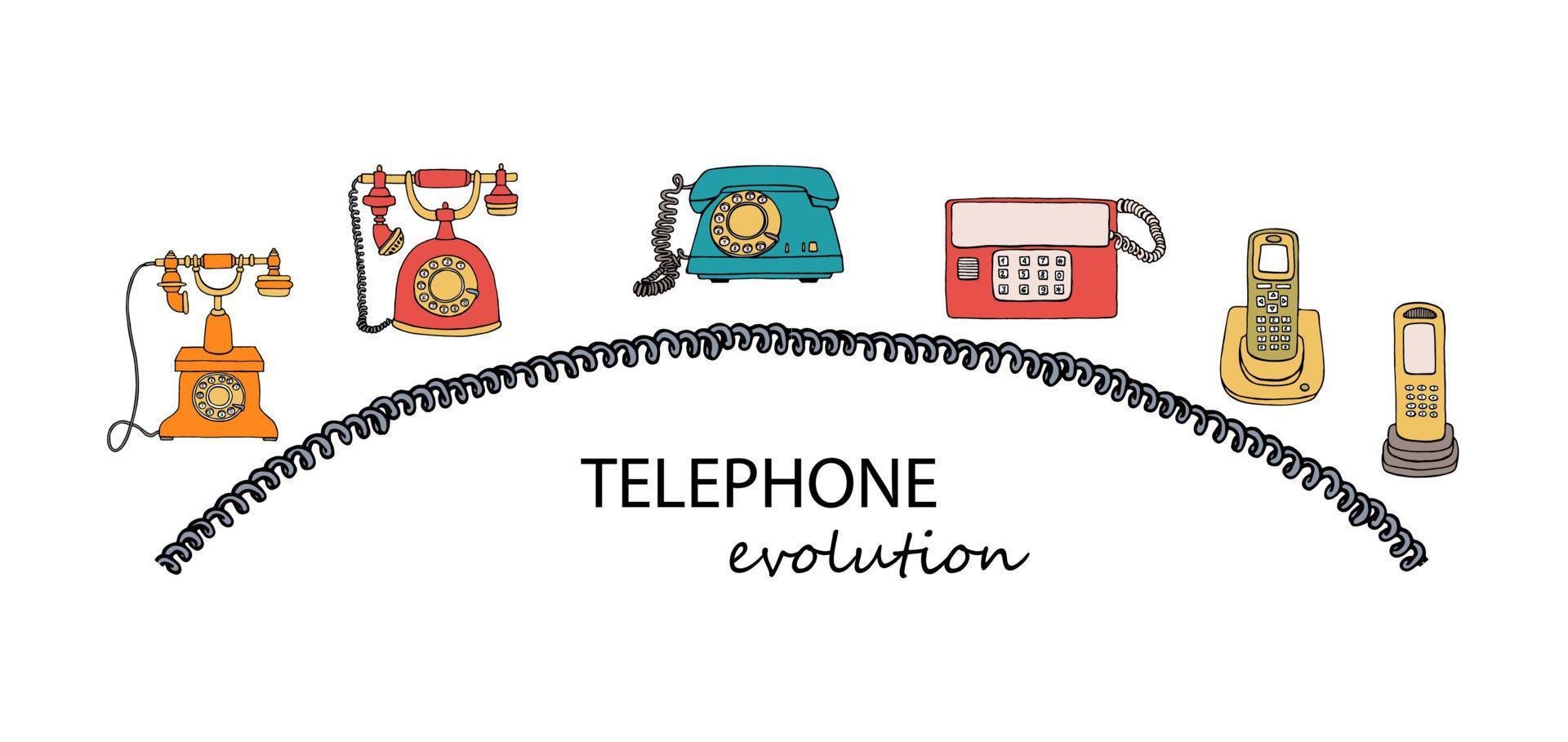 Vektor-Illustration der Telefonentwicklung. Vektor-Vintage-Kommunikationsmittel eingestellt. Retro-Sammlung von kabelgebundenen Wählscheibentelefonen, Funktelefonen. vektor