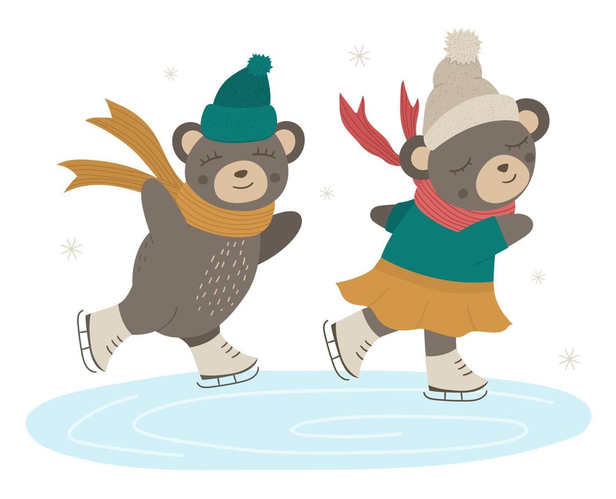 Vektor-Illustration von Bären in Kleidung Schlittschuhlaufen auf einer Eisbahn. süße Waldtiere, die Winteraktivitäten machen. lustige Waldfiguren mit Schlittschuhen vektor