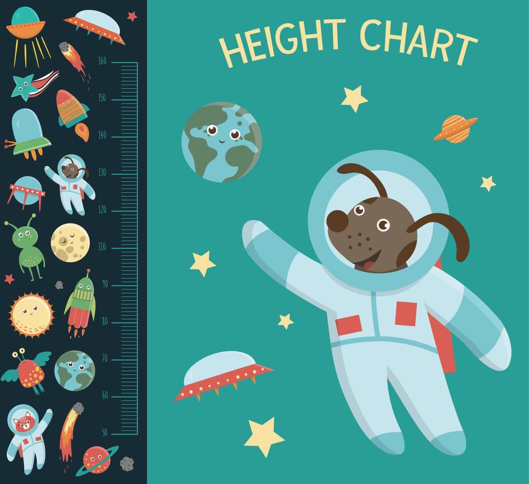 Vektorraum-Höhendiagramm. Bild mit kosmischen Elementen für Kinder. Messskala mit UFO, Planet, Stern, Astronaut, Komet, Rakete, Asteroid. vektor