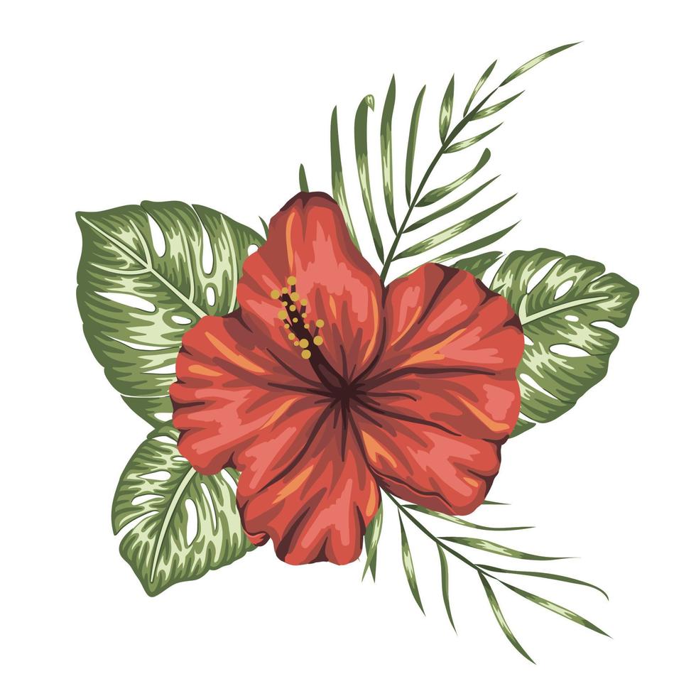 vektor tropisk sammansättning av röd hibiskus, monstera och palmblad isolerad på vit bakgrund. ljusa realistiska exotiska designelement i akvarellstil.